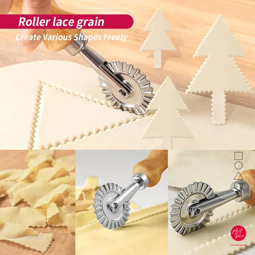 Miniatura 4 de ARTPICO - Juego de 5 ruedas para hacer pasta, mango de madera, borde acanalado para ravioles, cortador de prensa de pastelería, lasaña, Pierogi