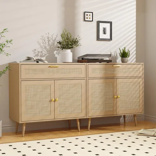 Miniatura 8 de Furnify Aparador de ratán buffet, armario de cocina bohemio con cajón y 2 puertas, armario moderno de mediados de siglo con estante ajustable, barra