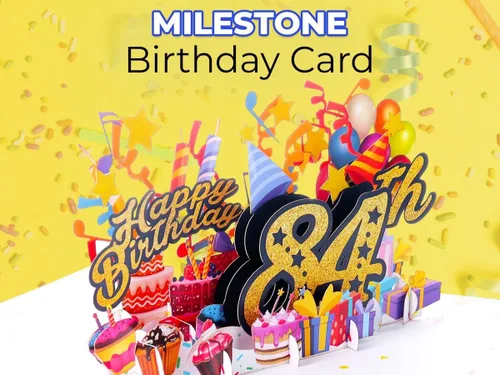 Miniatura 8 de iGifts And Cards Tarjeta desplegable 3D de feliz cumpleaños 84 – Diseño azul con números de purpurina, globos, pasteles y regalos – Tarjeta
