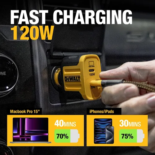 Miniatura 3 de DEWALT Cargador de Coche USB C de Alta Resistencia, Adaptador de 2 Puertos PD 3.0 Tipo C de 120W, Carga Rápida PPS con Entrega de Energía