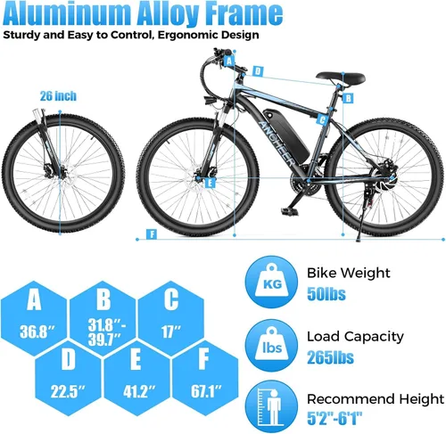 Miniatura 7 de Bicicleta eléctrica Ancheer para adultos, [Motor de pico de 750W] Bicicleta eléctrica de montaña, Ebike Sunshine de 26", Bicicleta eléctrica de 55