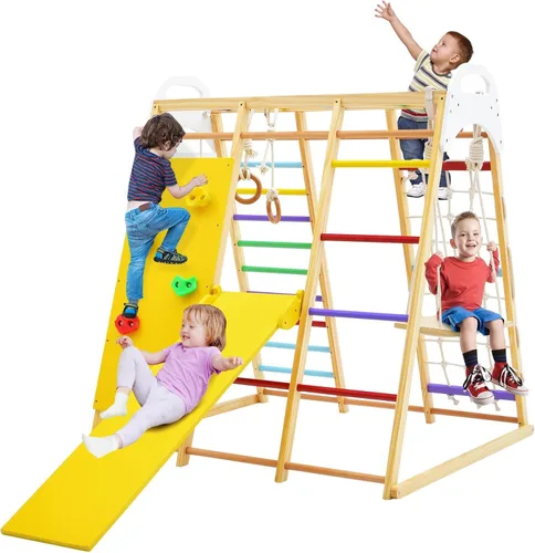 GLACER Gimnasio de la selva 8 en 1, gimnasio de escalada interior de madera con tobogán, columpio, barras de mono, escalera de cuerda, escalada en