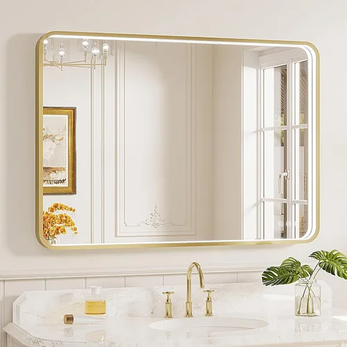 Miniatura 17 de Espejo de baño LED de 24x32 pulgadas con luces, espejo LED con marco de metal negro para baño, 3 colores y luz regulable sin escalones montada