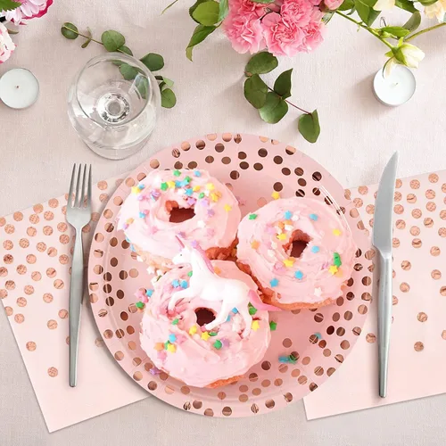 Miniatura 5 de Juego de platos y servilletas de papel rosa y oro rosa - 200 piezas - 100 platos de papel desechables de 7" y 100 servilletas de 6.5", suministros