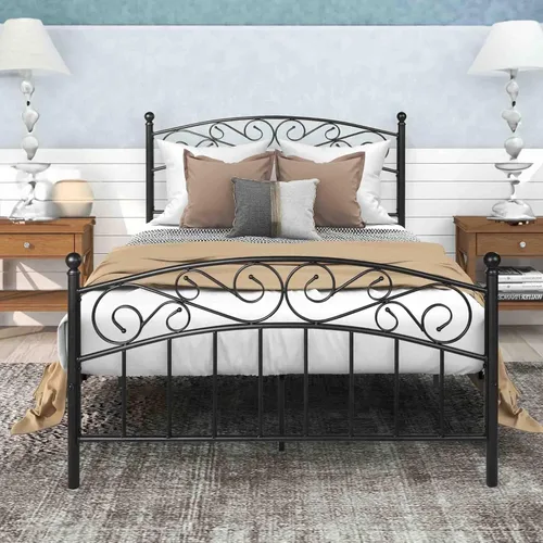 Base de cama matrimonial de metal, plataforma moderna con cabecero/estribo, cámaras de base de colchón, base de cama resistente, no necesita somier,
