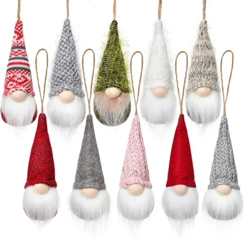 Juego de 10 gnomos colgantes para árbol de Navidad, gnomos de felpa suecos hechos a mano, Papá Noel, elfo, decoración para el hogar, decoración