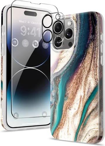 GVIEWIN Funda de mármol para iPhone 15 Pro, con protector de pantalla y protector de lente de cámara, [protección contra caídas de grado militar de