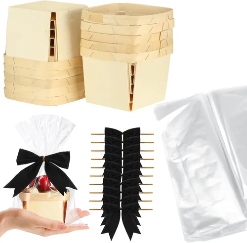 Miniatura 9 de Yerliker Juego de 10 mini cestas de madera para regalos, canastas pequeñas vacías de 4 pulgadas, lazos de bayas, bolsas transparentes para dulces