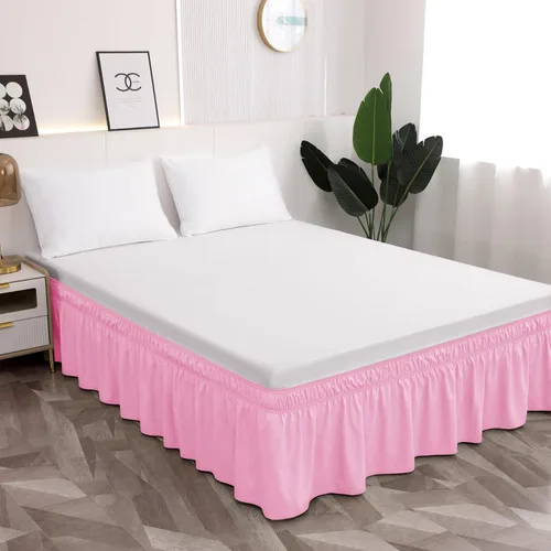 Toodou Falda de cama individual envolvente con volantes y cinturón elástico, falda de cama rosa con caída de 16 pulgadas, fácil de poner