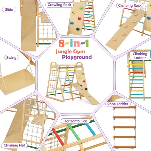 Miniatura 3 de INFANS Gimnasio de la selva para interiores, juego de escalada para interiores Montessori de 8 en 1 para niños, juego de madera para escaladores