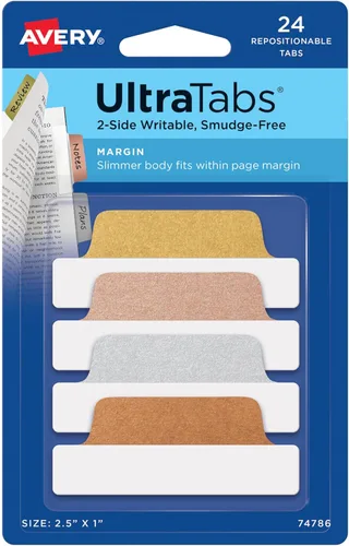 Avery, pestañas para margen Ultra, 2.5 pulgadas x 1 pulgada, escritura en ambos lados, varios metálicos, 24 pestañas de página reposicionables