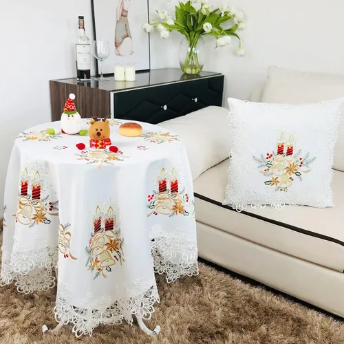 Miniatura 27 de Camino de mesa de Navidad 100% poliéster, bordado de encaje de Navidad, decoraciones de mesa de Navidad de 16 x 52 pulgadas, velas de pascua