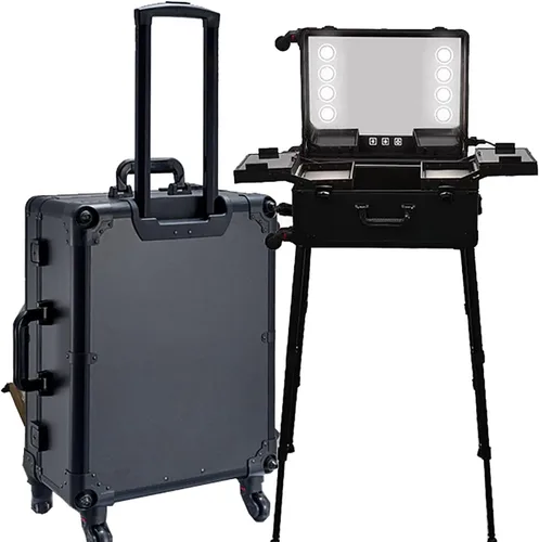 Maletín De Tocador Con Ruedas Y Soporte, Incluye Espejo Y 8 Luces Led, Color Negro.