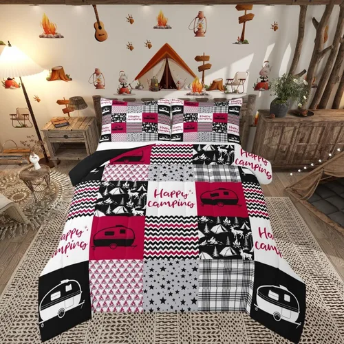 Miniatura 32 de Juego de edredón de camper tamaño matrimonial, edredón acolchado para adolescentes y niños, juego de ropa de cama rústica de granja para niños