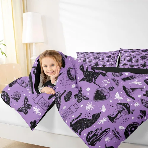 Miniatura 6 de Juego de edredón de Halloween, ropa de cama individual con diseño de calabaza y gato para niñas y niños, juego de ropa de cama de poción mágica
