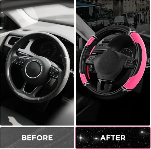 Miniatura 3 de Road Comforts Funda de Volante de Cuero - Hecha con Cuero PVC - Antideslizante, Ajuste Universal de 14 1/2 pulgadas a 15 pulgadas - Rosa Intenso