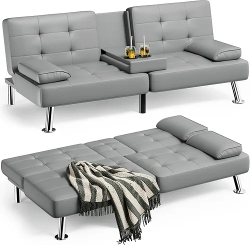 Miniatura 8 de Homall Sofá Cama Futón, Sofá Futón de Cuero con Reposabrazos Removibles, Sofá Cama Reclinable para Dormir Ajustable con Portavasos Dobles para Sala