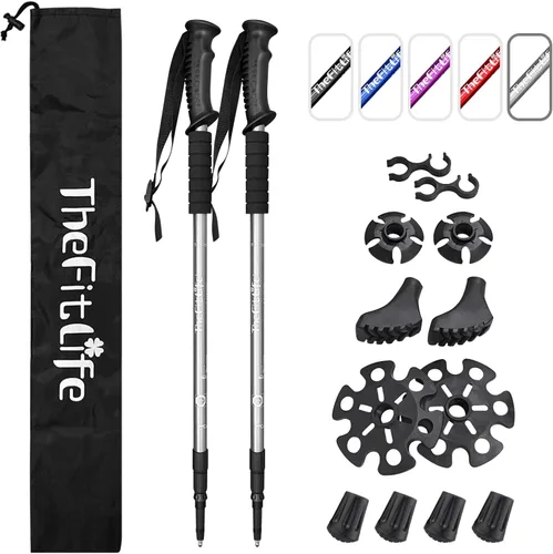 TheFitLife Bastones de senderismo nórdicos – 2 palos con sistema antigolpes y bloqueo rápido, telescópico, plegable, ultraligero para senderismo,