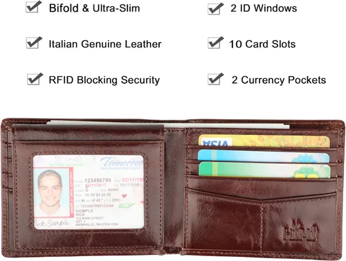 Miniatura 3 de Cartera para hombre-Cuero Genuino RFID Bloqueo Billetera Bifold Elegante Con Ventana 2 ID