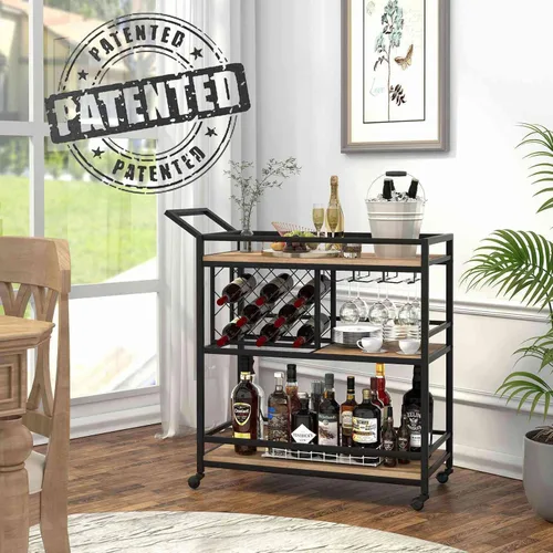 Miniatura 8 de FATORRI Carrito de bar para el hogar, carritos de vino rodantes sobre ruedas con estantes de madera de 3 niveles, carrito de bebidas de licor
