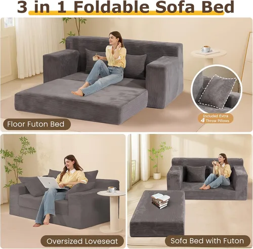Miniatura 3 de cidludto Sofá cama convertible 3 en 1, sofá cama plegable plegable – Sofá cama sin hueso y futón en el suelo, sofá cama extraíble de pana con 4 Gris