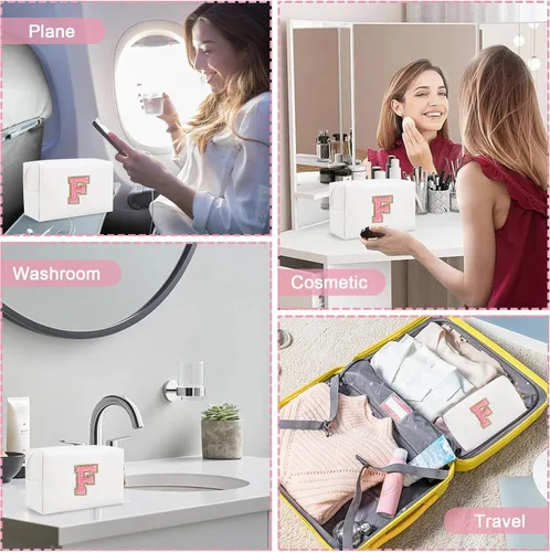Miniatura 6 de Biileen Bolsa de Maquillaje Preppy Personalizada con Inicial Pequeña Bolsa de Viaje Linda con Letra de Chenilla, blanco-1, F