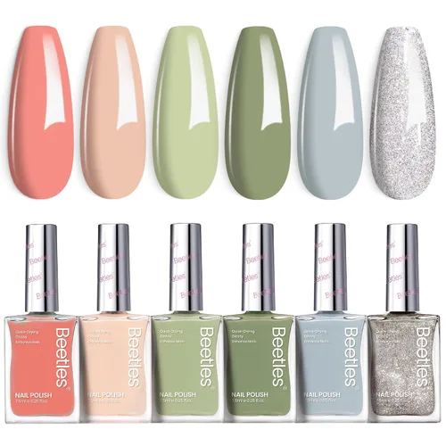 Miniatura 8 de Beetles - Juego de esmaltes de uñas P176, 6 colores con purpurina, verde, nude, rosa natural, de secado rápido y de larga duración, esmalte de uñas