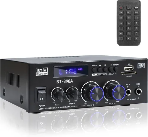 Joengoep BT-398A Amplificador de Audio Estéreo, Receptor para Altavoces Max 900W, Receptor Estéreo de 2.0 Canales con Radio FM, Entradas USB/SD/AUX