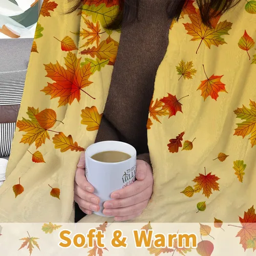 Miniatura 5 de JOOCAR Manta de franela de otoño con diseño de hojas de arce de dibujos animados, gnomo de otoño, naranja, acogedora manta de felpa suave para cama