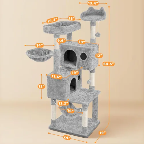 Miniatura 3 de Topeakmart Árbol para gatos de 64.5 pulgadas grande para condominio con postes rascadores, hamaca como centro de juegos para casa de gatitos