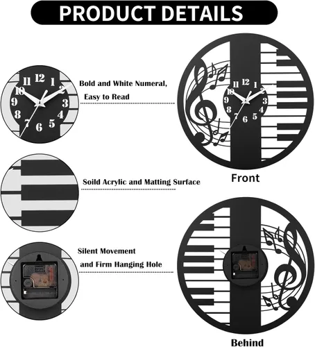 Miniatura 2 de Reloj de pared con temática musical de 12 pulgadas, diseño de teclas de piano y notas musicales, silencioso y funciona con pilas, perfecto para sala