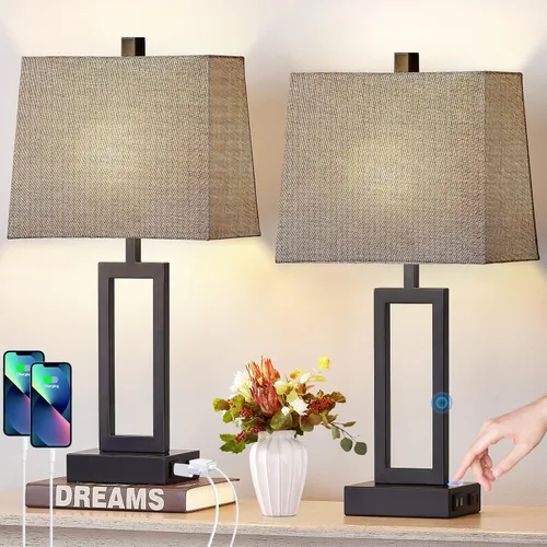 Miniatura 13 de Lolikit Juego de 2 lámparas de mesa de 25 pulgadas, lámpara de mesa moderna para sala de estar con 2 puertos de carga USB, lámpara de noche Gris
