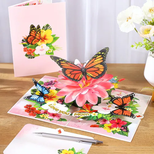 Miniatura 5 de Día de la Madre desplegable para mamá, mariposas te aman mamá, mariposa monarca 3D, hermosas flores, tarjeta de cumpleaños para madre, regalo ideal