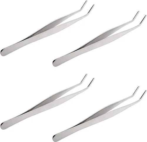 Aoje-Link Pinzas de acero inoxidable con punta dentada curva, multiusos, plateadas, 4 piezas