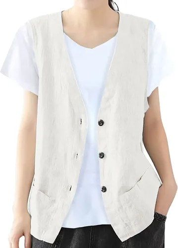 COTECRAM Chaleco de lino de algodón para mujer, casual, sin mangas, con botones, ligero, para verano, holgado, ropa de abrigo