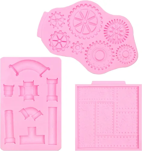 Miniatura 9 de Steampunk Gear - Moldes de silicona, 3 paquetes de tubería de agua remachada placa de metal molde de chocolate para decoración de pasteles