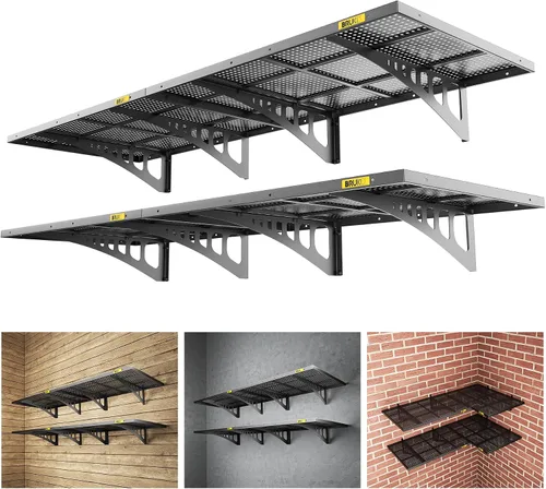 Paquete de 4 estantes de pared de metal ajustables de 2 x 3 pies, estantes de almacenamiento de garaje resistentes montados en la pared, color negro