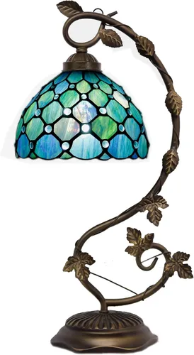 Tiffany Table Lamp Stained Glass 8X10X21 Inch Sea Blue Pearl | Decor Small Space Bedroom Home Office Metal Leaf Desk Reading Light