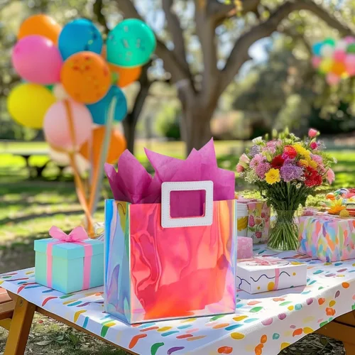 Miniatura 3 de Bolsa de regalo pequeña holográfica de 8.3'' con papel de seda, bolsa de regalo reutilizable para cumpleaños para niñas y mujeres, bolsa de novia, S