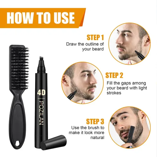 Miniatura 8 de Kit de aseo de barba negra resistente al agua de larga duración para hombre, bolígrafo de punta de micro-tenedor, cepillo de cerdas para bigote