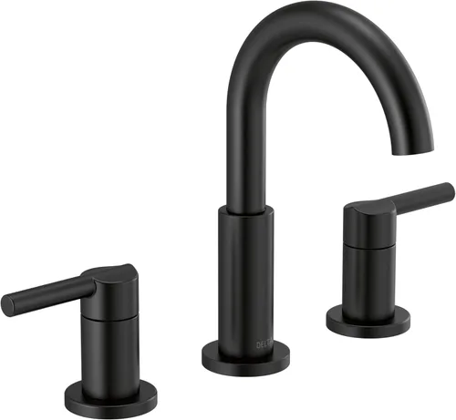 Delta Nicoli - Grifo de baño negro mate de 3 agujeros, 8 pulgadas, grifo de lavabo de baño extendido para tocador, montaje de drenaje push-pop,