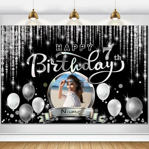 Miniatura 94 de Cartel de decoración de feliz cumpleaños número 100 personalizado - Personalización disponible - Negro y plateado - Tamaño grande - Admite fotos