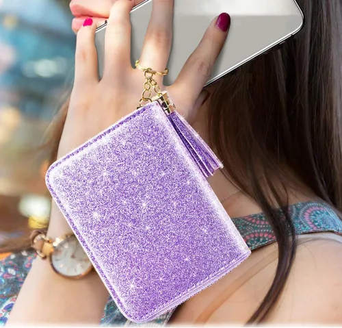 Miniatura 4 de Billetera pequeña para tarjetas de crédito RFID con purpurina linda para mujer