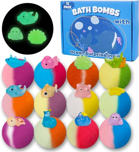 Miniatura 9 de Bombas de baño para niños, 12 piezas de bombas de baño con sorpresa de animales que brillan en la oscuridad, juego de bolas de baño de burbujas