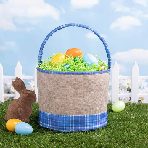 Miniatura 6 de Bolsa de cubo de Pascua personalizada con nombre personalizado Bolsa de Pascua de arpillera a cuadros azules con asa Cesta de huevos para niños
