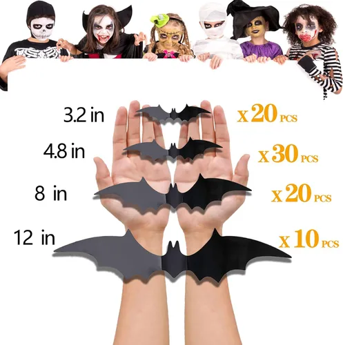 Miniatura 2 de 80 piezas de decoración de pared de murciélagos de Halloween, calcomanías de murciélago 3D de PVC, negro, estilo gótico, impermeable, uso