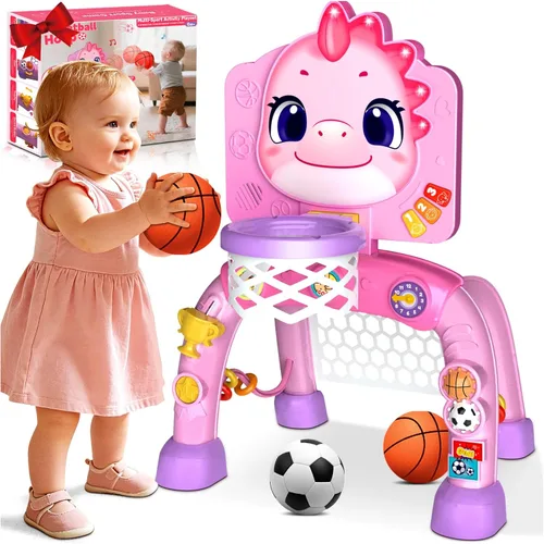 Zerhunt Regalo para niños de 1 a 2 años: centro de actividades de juguetes de dinosaurio con música/iluminado, juego deportivo, aro de baloncesto y