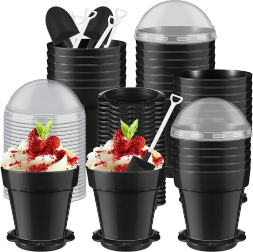 Miniatura 7 de Honeydak Paquete de 50 tazas de plástico para tartas de postre con tapa, pala, cuchara, bandeja inferior, tazas de postre, helado, yogur, Blanco