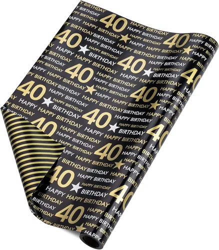 Miniatura 9 de RUSPEPA Rollo de papel de regalo reversible, mini rollo, patrón negro y dorado para cumpleaños de 40 años, ideal para cumpleaños, fiestas, baby 40