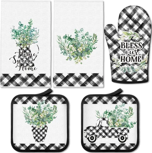 Juego de 5 manoplas de horno a cuadros de búfalo, soportes para ollas, paños de cocina, incluye 2 toallas de cocina de granja, 2 agarraderas para